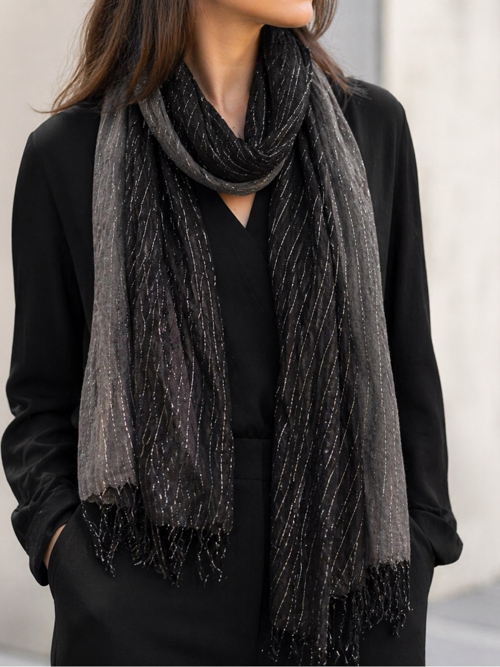 Sheer Black Gray Metallic Pinstripe Scarf Lightweight Fringe Boho Gothic Wrap
